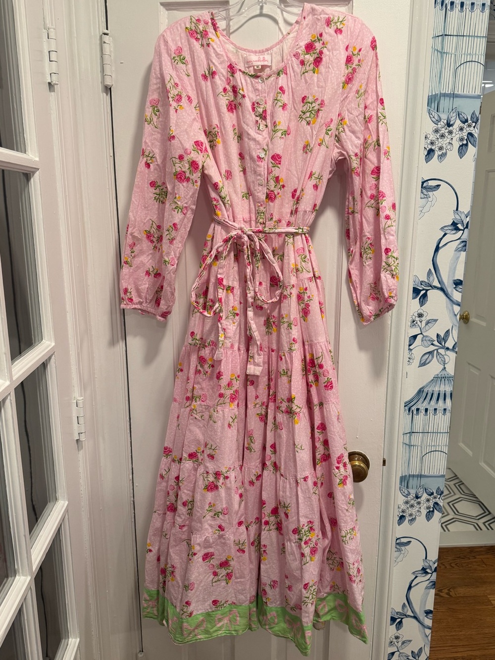 Pink Floral Tie-Waist Maxi Dress with Green Border
